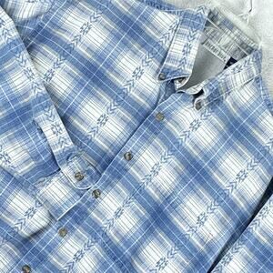 VTG Y2K Anchor Blue Flannel Shirt Mens M White Blue Plaid Southwestern Aztec